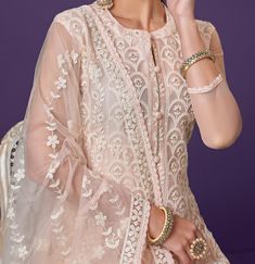 Dusty Peach Designer Embroidered Party Wear Lucknowi Pant Suit-Saira's Boutique Reception Sharara With Lace Work, Peach Palazzo Set With Resham Embroidery, Semi-stitched Lace Work Sets For Diwali, Festive Lace Work Palazzo Set, Festive Peach Anarkali Set With Intricate Embroidery, Lace Work Sets For Diwali Reception, Pink Long Sleeve Churidar With Intricate Embroidery, Designer Long Sleeve Sets With Lace Work, Peach Sharara With Resham Embroidery