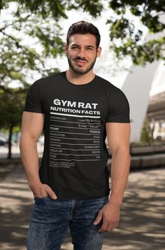 Get ready to share some laughs and gym wisdom with our 'Gym Rat Nutritional Facts' t-shirt! This hilarious design is packed with tongue-in-cheek 'nutritional facts' that every dedicated gym rat can relate to, making it a must-have addition to your workout wardrobe. Crafted from premium materials, this shirt offers both comfort and durability, ensuring that it can keep up with even your toughest workouts. The bold graphic and witty 'nutritional facts' serve as a conversation starter, sparking lau Black Gym Tops With Funny Text, Black Gym Top With Funny Text, Funny Text Short Sleeve T-shirt For Gym, Funny Text Crew Neck Gym Top, Funny Text Crew Neck Top For Gym, Funny Black Sports T-shirt, Short Sleeve Gym Top With Funny Text, Funny Text Short Sleeve Gym Tops, Short Sleeve Gym T-shirt With Funny Text