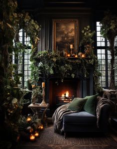 a living room filled with furniture and a fire place covered in greenery next to a window