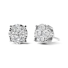 These stunning stud earrings are the perfect addition to any woman's jewelry collection. Made with 14K white gold and featuring a blend of lab grown and natural diamonds, these earrings exude elegance and sophistication. The round diamond shape and prong setting add a touch of glamour, while the push back earring finding ensures a secure and comfortable fit. With a total diamond weight of 2 cttws and a diamond count of 8 lab grown and 8 natural diamonds, these earrings are sure to catch the eye Classic Cluster Earrings With Prong Setting, White Platinum Cluster Earrings With Brilliant Cut, White Platinum Cluster Earrings For Anniversary, Anniversary Platinum Cluster Earrings With Brilliant Cut, Anniversary Platinum Cluster Earrings With Prong Setting, White Gold Cluster Earrings Brilliant Cut For Anniversary, Classic Round Cluster Earrings In Platinum, White Gold Round Cut Cluster Earrings For Anniversary, Classic Round Cut Cluster Earrings For Anniversary