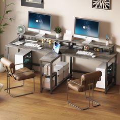 three computer desks with two monitors on top of them and one chair next to it