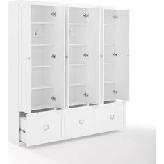 an open white cabinet with drawers and doors on the front, side by side against a white background