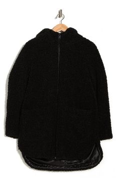 Stay warm in this soft, midweight faux shearling parka featuring an attached hood and patch pockets for cozy-chic style. 33.25" length Attached hood Funnel neck Long sleeves Front zip closure Front patch pockets Faux shearling construction Lined Curved high/low hem Faux shearling shell: 100% polyester/lining: 100% polyester Dry clean Imported Model’s stats for sizing: 5’10” height, 34” bust, 24” waist, 35” hips. Cozy Black Outerwear With Faux Fur Trim, Sherpa Outerwear With Double-lined Hood For Fall, Hooded Sherpa Outerwear With Faux Fur Trim, Cold Weather Sherpa Outerwear With Drawstring Hood, Sherpa Outerwear With Drawstring Hood For Cold Weather, Cozy Hooded Outerwear With Faux Fur Trim, Cozy Sherpa Outerwear With Double-lined Hood, Black Hooded Sherpa Fleece Jacket, Hooded Faux Fur Outerwear With Pockets