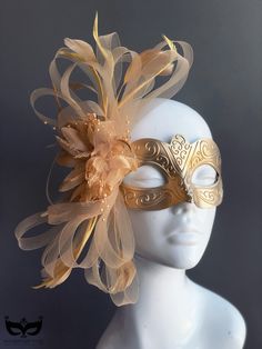 Gold Venetian style masquerade mask for women, featuring a beautiful floral feather piece in two different colors: gold or brown. S H I P P I N G -  We can process same day or within 24 hours for rush order. 1-2 day guaranteed delivery, add item to cart, click shipping tab for rates.  Pls leave a check out note with your need date & contact number  Msg for delivery time frames (Include your state/country)   I N C L U D E D Mask comes with matching ribbons  S I Z E  Adult size. Dimensions availab Yellow Masquerade Mask, Masquerade Ball Gowns Elegant With Mask, Masquerade Ball Outfit Ideas, Masquerade Outfit Ideas For Women, Elegant Mask, Prom Mask, Masquerade Mask Women, Elegant Face Mask, Mask Woman