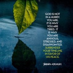 a leaf floating on top of water next to a quote about god's not in a hurry