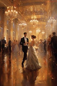 a painting of a bride and groom dancing in a ballroom with chandeliers hanging from the ceiling