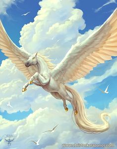 a painting of a white horse with wings flying in the sky