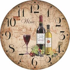 a clock with two bottles of wine next to each other and a glass of wine