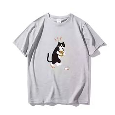 a white t - shirt with a black and white cat on it