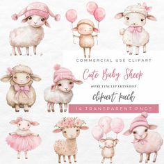 watercolor baby sheep clipart pack with balloons and pink hats for commercial use, instant printable