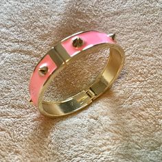 Rock Stud Spike Enamel Pink And Gold Tone Rare Spring Hinge Bangle Bracelet. Nwot. Pink Metal Jewelry, Pink Bangle Jewelry, Pink Metal Jewelry Fashion Accessory, Pink Metal Jewelry As Fashion Accessory, Trendy Pink Jewelry With Bracelet Strap, Trendy Pink Metal Bracelets, Trendy Pink Metal Bracelet, Trendy Pink Bangle Bracelets, Trendy Pink Bangle Bracelet