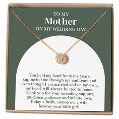 a mother's necklace with the message to her on my wedding day in gold