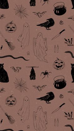 halloween seamless background with pumpkins, bats and ghost faces on pink paper for wallpaper