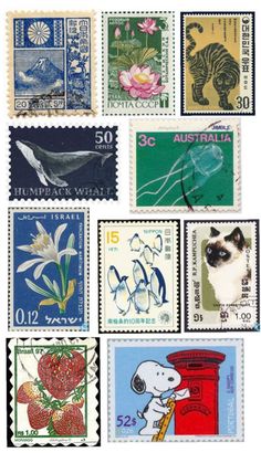 stamps with animals and flowers on them are shown in different colors, sizes and shapes