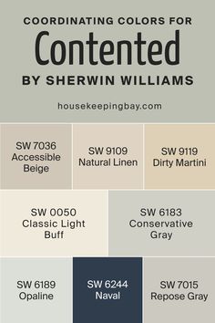 Contented SW 6191Coordinating Colors by Sherwin-Williams Contented Green Sherwin Williams, Natural Linen Sherwin Williams Coordinating Colors, Guest Bedroom Paint Colors Sherwin Williams, Sw Rivers Edge, Opaline Sherwin Williams, Sherwin Williams Contented, Contented Sherwin Williams, Accessible Bathroom Design, Living Room Wall Color