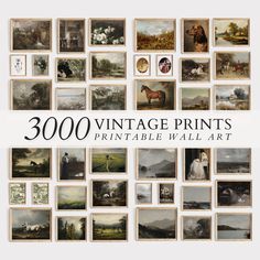 a large collection of vintage paintings on display in front of a white background with the words 300 vintage prints printable wall art