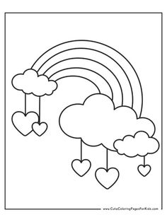 a coloring page with hearts and rainbows hanging from the clouds in black and white