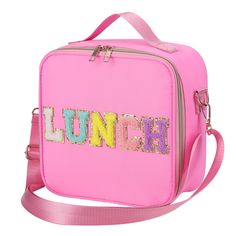 a pink lunch bag with the word lunch printed on it's front and side