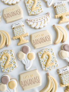 Birthday cookies, second birthday, yellow, brown, decorated cookies, bananas, banana cookies 2 Sweet Birthday Cookies, 2 Sweet Cookies Decorated, 2 Birthday Cookies, Banana Royal Icing Cookies, Second Birthday Cookies, Piped Cookies, Banana Birthday, Number Cookies