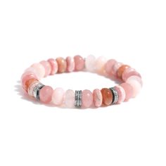 Sterling silver Guava quartz, rose quartz, pink opal, rhodochrosite, sunstone; Diamonds, approximately 0.693 carat 10mm faceted rondelle beads and 9mm diamond rondelles 7 1/4" bracelet length Slip on style Designed and handmade in California Style number B0003372 Quartz Pink, Stacked Necklaces, Mixed Metal Jewelry, California Style, Quartz Rose, Pink Opal, Men's Rings, Ring Necklace, Fashion Bracelets