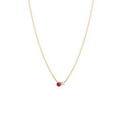 14k gold large ruby and diamond prong set necklace on a 16" chain SPECIFICS• 4k tiny cable chain is 16" • white diamonds .03 ctw• ruby is 2.5mm Fine Jewelry Ruby Necklace With Single Cut Diamonds, Ruby Necklace With Single Cut Diamonds, Elegant Ruby Necklace With Diamond Accents, Elegant Ruby Necklaces With Diamond Accents, Elegant Round Birthstone Necklace With Cable Chain, Red Diamond Necklace With Birthstone, Fine Jewelry Ruby Round Pendant, Fine Ruby Round Pendant Jewelry, Red Diamond Birthstone Necklace