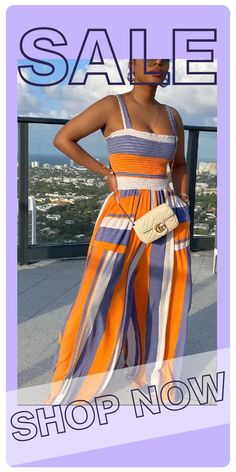 Stripe Street Print Split Joint Square Collar Straight Jumpsuits Chic Orange Jumpsuits And Rompers For Vacation, Chic Orange Jumpsuit And Romper For Vacation, Chic Orange Jumpsuits And Rompers For Beach, Chic Orange Beach Jumpsuits And Rompers, Trendy Orange Summer Jumpsuits And Rompers, Trendy Jumpsuits And Rompers For Beach Season, Beach Multicolor Jumpsuits And Rompers With Pockets, Trendy Striped Jumpsuits And Rompers For Summer, Trendy Orange Jumpsuits And Rompers For Beach