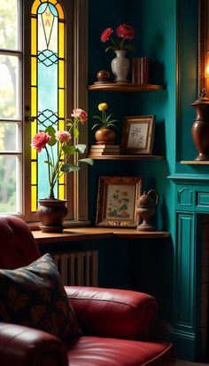 a red chair sitting in front of a window next to a wooden shelf filled with flowers