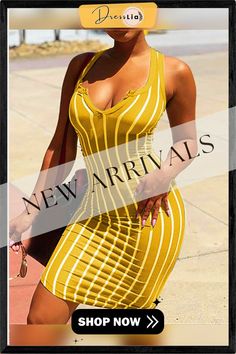 Striped Print Thick Strap Bodycon Dress Striped Sleeveless Fitted Bodycon Dress, Fitted Striped Sleeveless Bodycon Dress, Striped Bodycon Dress For Summer Nights, Fitted Sleeveless Striped Bodycon Dress, Yellow Bodycon V-neck Mini Dress, Striped Sleeveless Bodycon Dress, Striped Bodycon Dress For Summer, Chic Striped Stretch Mini Dress, Striped Bodycon Midi Dress For Summer