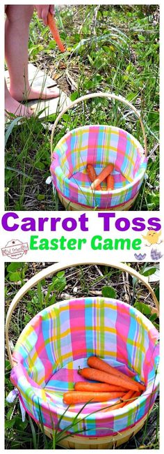 carrots in a basket sitting on the grass with text overlay that says carrot tosser game