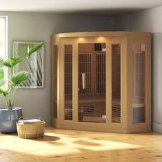 a living room with a sauna and potted plant