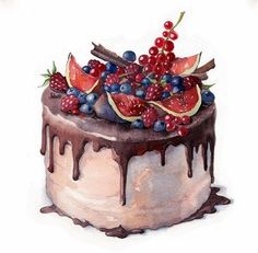 a watercolor painting of a cake with fruit on top and chocolate sauce drizzled over it