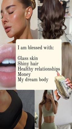 Gym girl, full lips, shiny hair, healthy hair, girl with clear skin Healthy Hair Vision Board, Manifestation Vision Board Wallpaper, Vision Board Wallpaper Aesthetic, Dream Body Visualization Board, Dream Body Visualization, Clean Girl Wallpaper, Body Visualization, Hair Vision Board, Wallpaper Manifestation