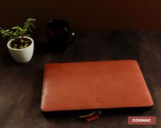 a brown leather case sitting on top of a table next to a potted plant