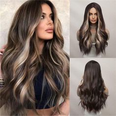 Questions? Leave A Comment Below! Dark Brown With Blonde, Highlight Wigs, Brown With Blonde, Pink Blonde, Brown With Blonde Highlights, Ombre Purple, Blonde Highlight, Wavy Wigs, Natural Wigs