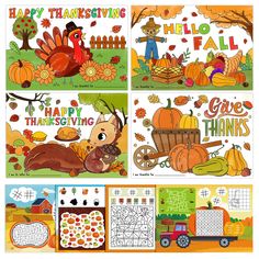 four thanksgiving cards with turkeys, pumpkins and other things to color on them