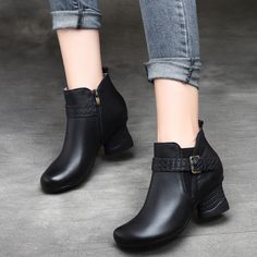 Women Shoes Main Material: CowhideHeel Type: ChunkyUpper Material:Cow LeatherHeel Height: Middle (6 cm)Closure Type: Side Zipper Size:35-40 Click:Shoes size Chart Size Length Cm Inch 35 22.50 8.86'' 36 23.00 9.06'' 37 23.50 9.25'' 38 24.00 9.45'' 39 24.50 9.65'' 40 25.00 9.84'' Winter Closed Toe Heels With Buckle Closure, Casual Low Heel Winter Heels, Heeled Boots With Buckle Closure And Round Toe, Winter Heeled Boots With Buckle Closure, Winter Buckle Closure Closed Toe Booties, Round Toe Booties With Buckle Closure, Booties With Buckle Closure And Round Toe, Medium Width Buckle Closure Booties With Round Toe, Women Ankle Boots