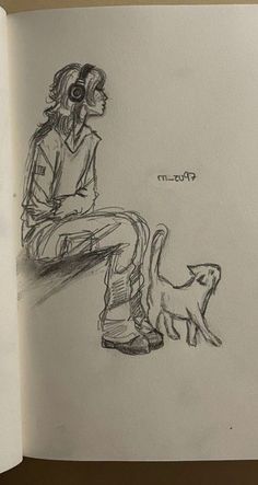 a drawing of a person sitting next to a cat