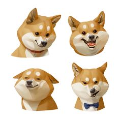 four different images of a dog with a bow tie on it's head, including the face of a corgi