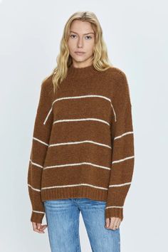 Carlen Sweater - Caramel Stripe – Pistola Denim Brown Ribbed Collar Turtleneck For Fall, Brown Ribbed High Neck Sweater, Brown Funnel Neck Turtleneck For Fall, Brown Turtleneck With Ribbed Cuffs For Fall, Brown Fall Sweater With Ribbed Cuffs, Brown Funnel Neck Sweater For Layering, Oversized Brown Turtleneck Sweater, Casual Brown Turtleneck For Fall, Brown Funnel Neck Sweater For Fall