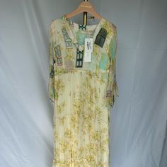 Nwt Never Worn Pristine Condition Long Maxi Dress For Summer Bohemian Yellow Dress For Spring, Spring Bohemian Yellow Dress, Yellow Silk Dress For Garden Party, Bohemian Yellow Dress For Garden Party, Bohemian Silk Midi Dress For Spring, Beige Silk Maxi Dress For Spring, Yellow Silk Dress For Vacation, Yellow Silk Long Dress, Yellow Silk Long Sleeve Dress