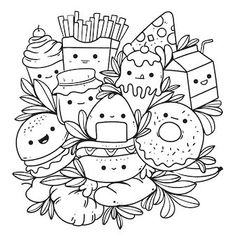 a black and white drawing of food with fries, hamburgers, donuts, ice cream