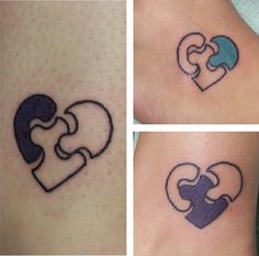 four different pictures of two pieces of a heart and one piece of a puzzle tattoo