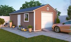 a car is parked in front of a small garage with two windows on the side