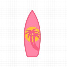 a pink surfboard with two palm trees on it