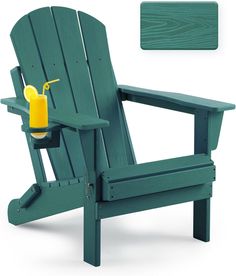 a green adiron chair with a drink on the side and a yellow cup in front