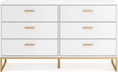 a white dresser with gold handles and drawers on it's sides, against a white background