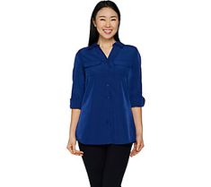 Borrowed from the boys, but cut just for women, this tunic shirt has roll-tab sleeves and feminine front pockets. Wear it with or without a blazer, and add a statement necklace for a wow look. From Denim & Co.(R) Fashions. Versatile Workwear Shirt With Rolled Sleeves, Workwear Tops With 3/4 Sleeve And Placket, Workwear Tops With Placket And 3/4 Sleeve, 3/4 Sleeve Tops With Placket For Work, Versatile Blouse With Roll-up Sleeves For Work, Chic Workwear Blouse With Roll-up Sleeves, Business Casual Blouse With Rolled Sleeves For Spring, Fall Office Blouse With Rolled Sleeves, Chic Blouse With Roll-up Sleeves For Work