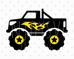 a monster truck with flames and stars on it