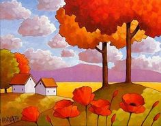 an oil painting of red poppies in front of a white house and trees with orange leaves