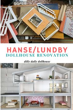 an image of a dollhouse renovation with text overlay that reads, house / laundry dollhouse renovation